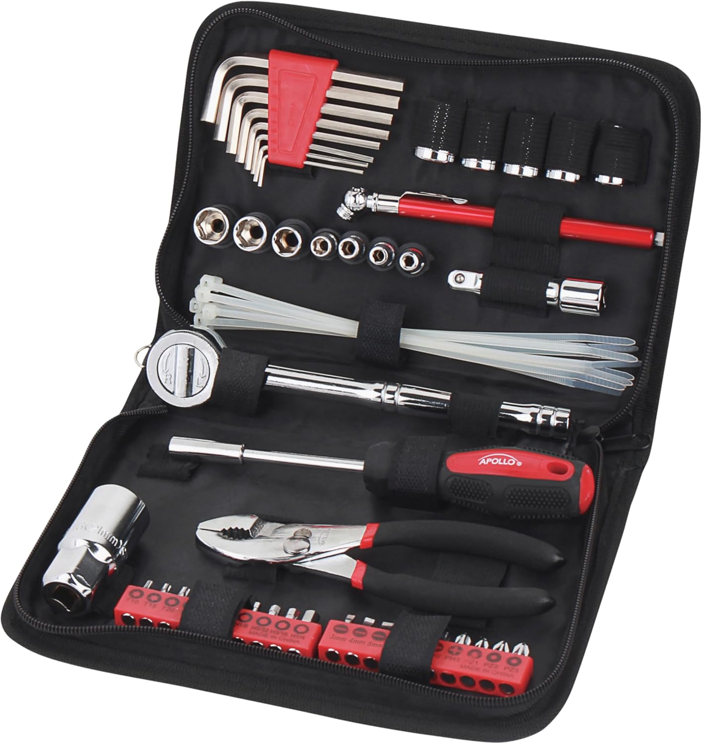 Apollo Tools 56-Piece SAE Compact Auto Tool Set with Zippered Case for Car and Motorcycle Repair - Red