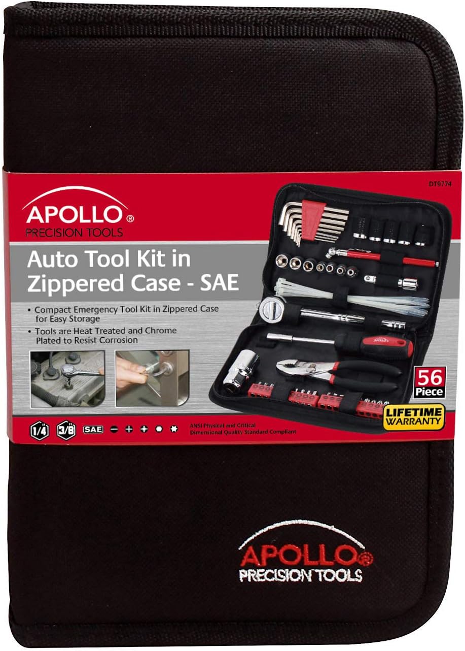 Apollo Tools 56-Piece SAE Compact Auto Tool Set with Zippered Case for Car and Motorcycle Repair - Red
