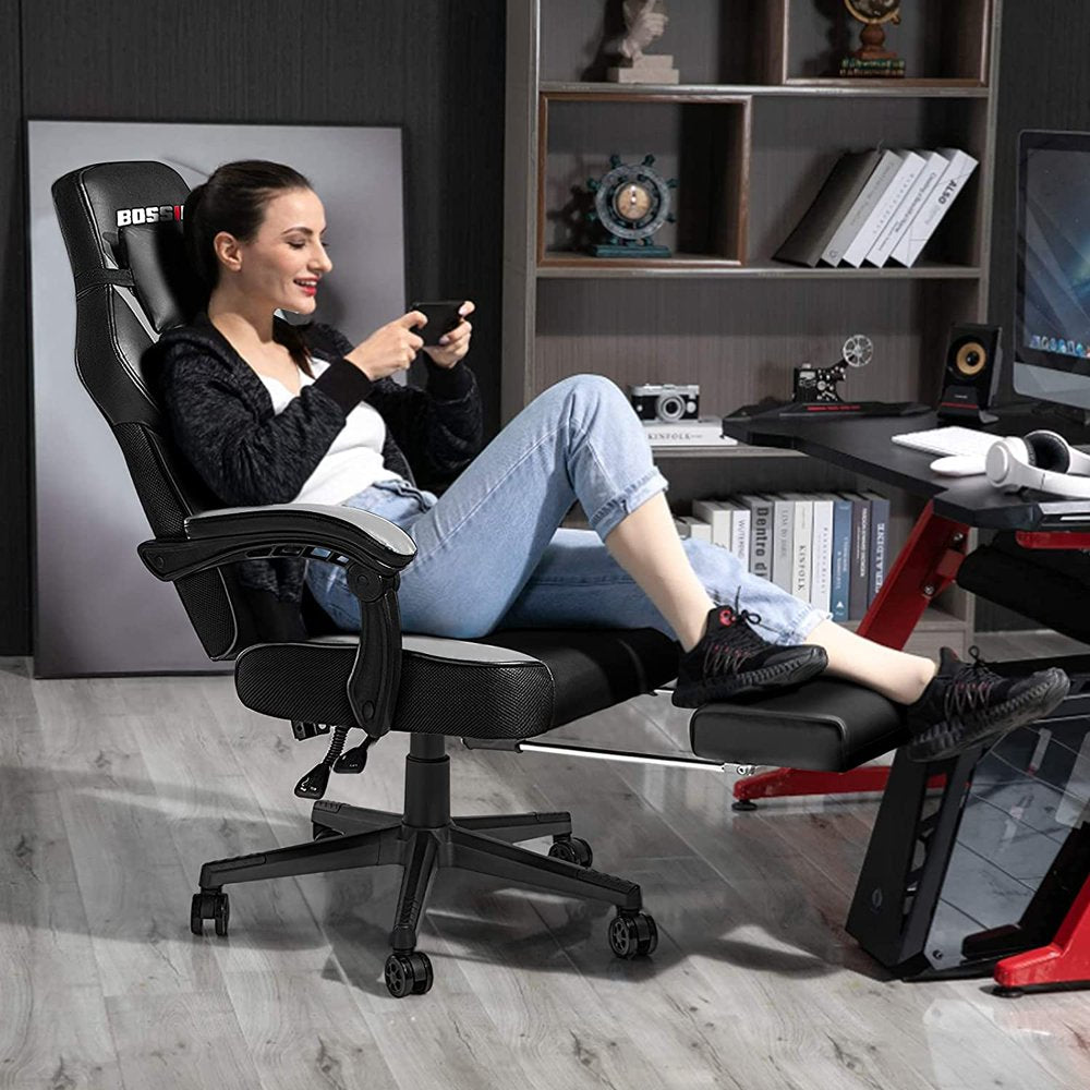 BOSSIN Ergonomic Gaming Chair with Footrest, Headrest, Lumbar Support, PU Leather, 300 lbs Capacity, Reclines 90-155°
