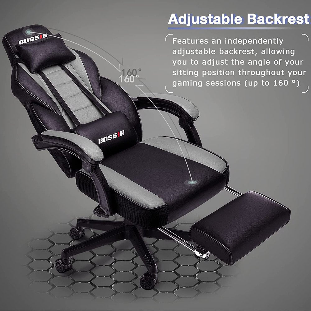 BOSSIN Ergonomic Gaming Chair with Footrest, Headrest, Lumbar Support, PU Leather, 300 lbs Capacity, Reclines 90-155°