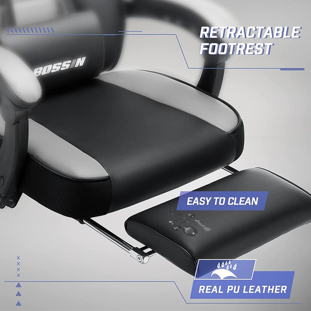BOSSIN Ergonomic Gaming Chair with Footrest, Headrest, Lumbar Support, PU Leather, 300 lbs Capacity, Reclines 90-155°