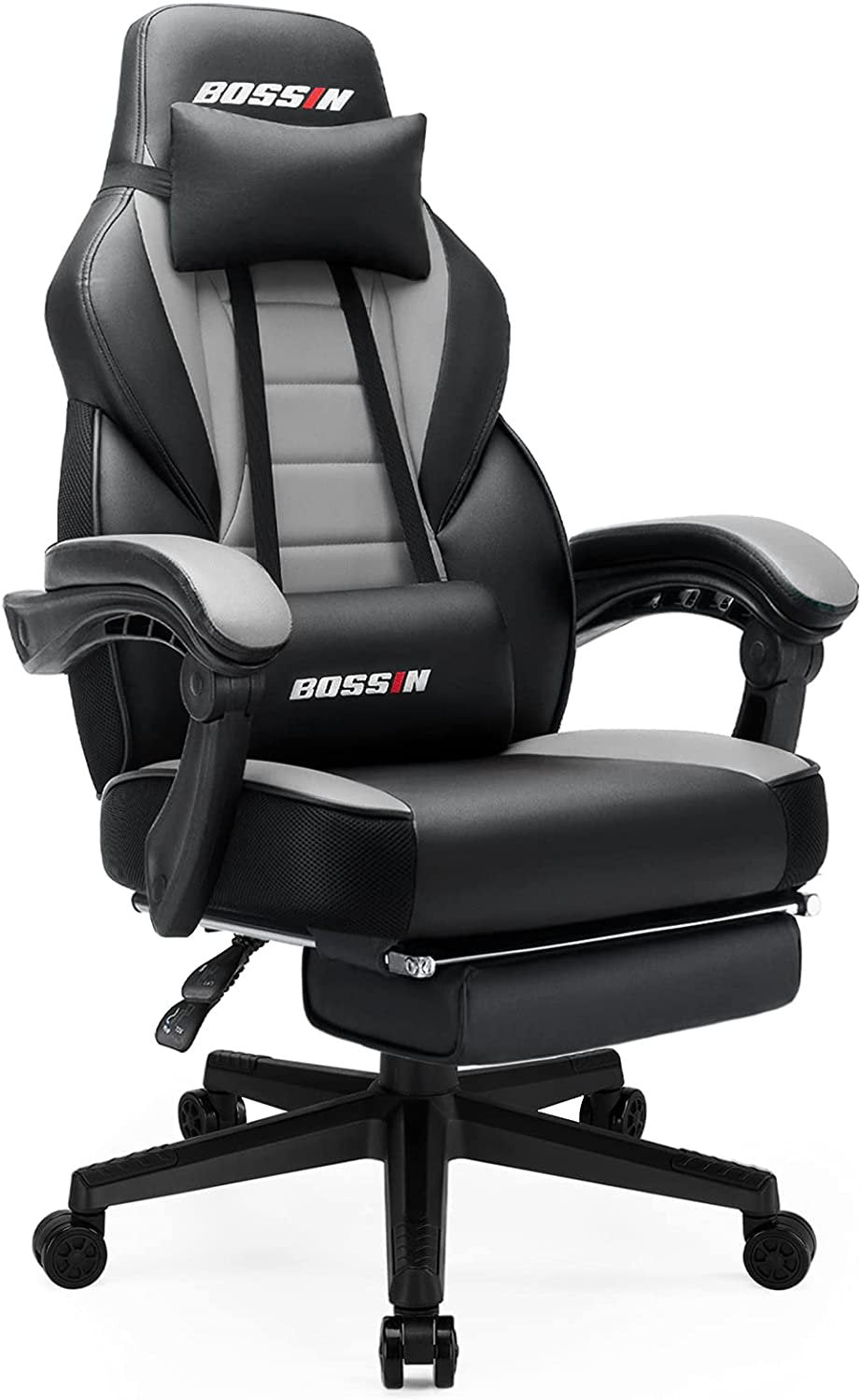 BOSSIN Ergonomic Gaming Chair with Footrest, Headrest, Lumbar Support, PU Leather, 300 lbs Capacity, Reclines 90-155°