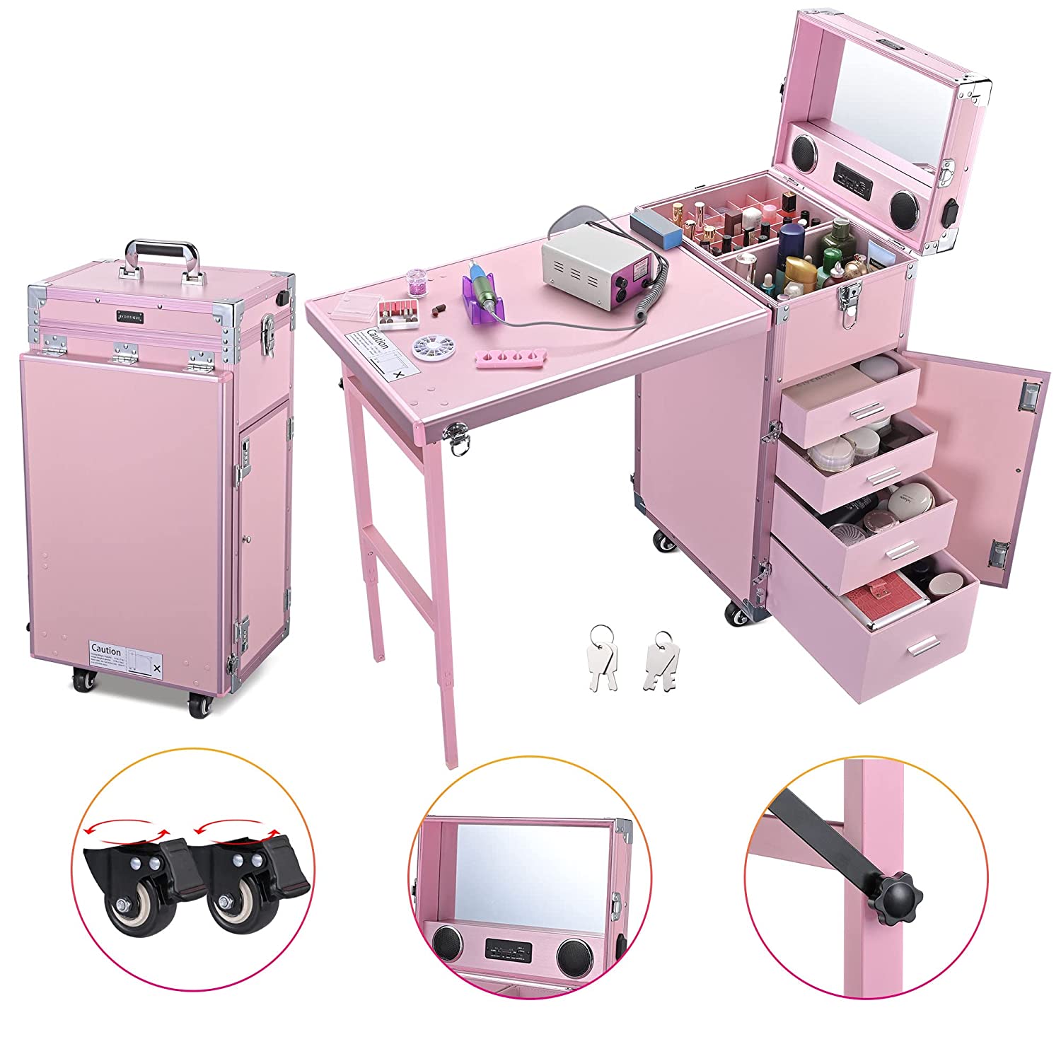 Byootique Portable Makeup Workstation - Pink Rolling Nail Desk with Mirror, 4 Drawers, Bluetooth Speakers, USB Charging, Secure Aluminum Frame
