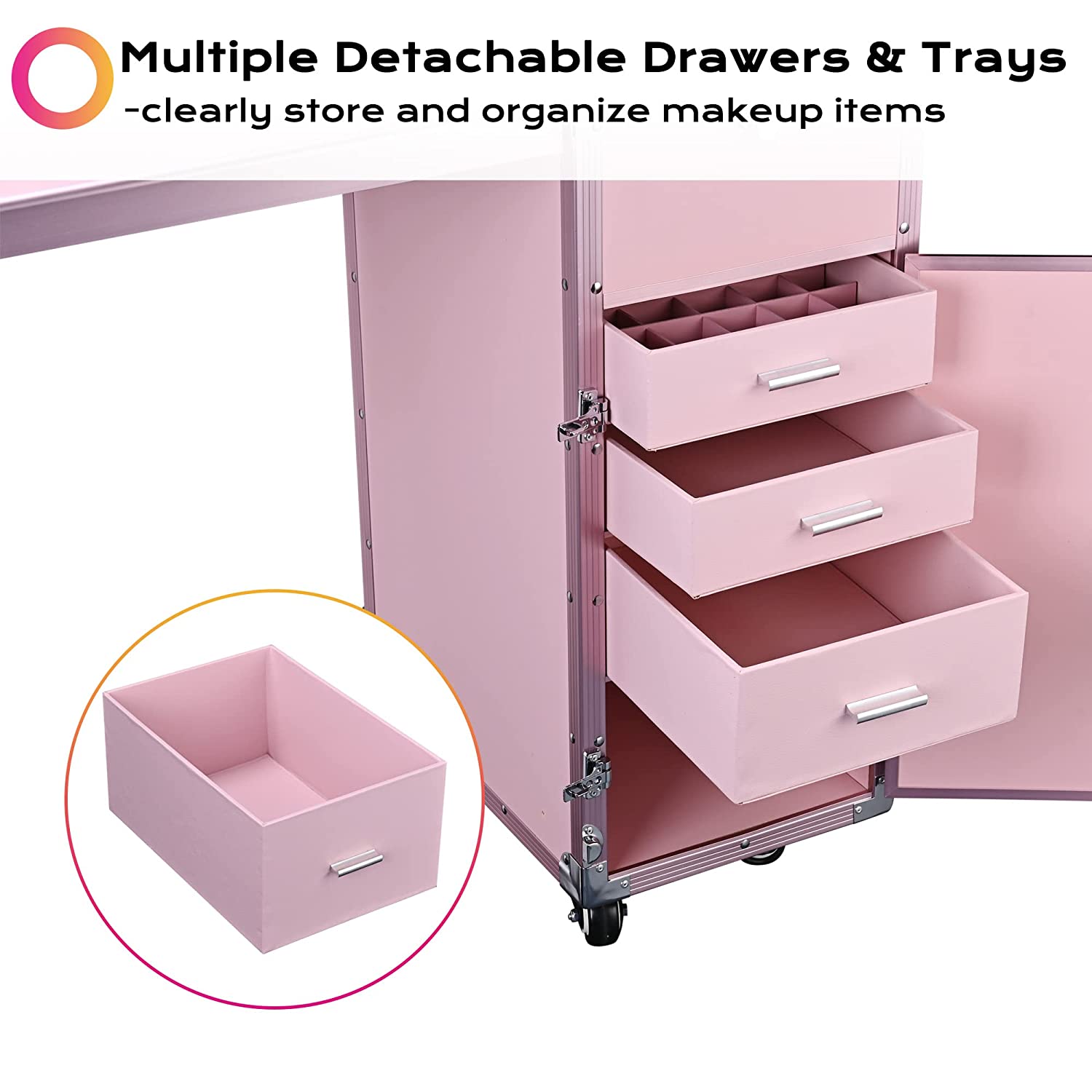 Byootique Portable Makeup Workstation - Pink Rolling Nail Desk with Mirror, 4 Drawers, Bluetooth Speakers, USB Charging, Secure Aluminum Frame
