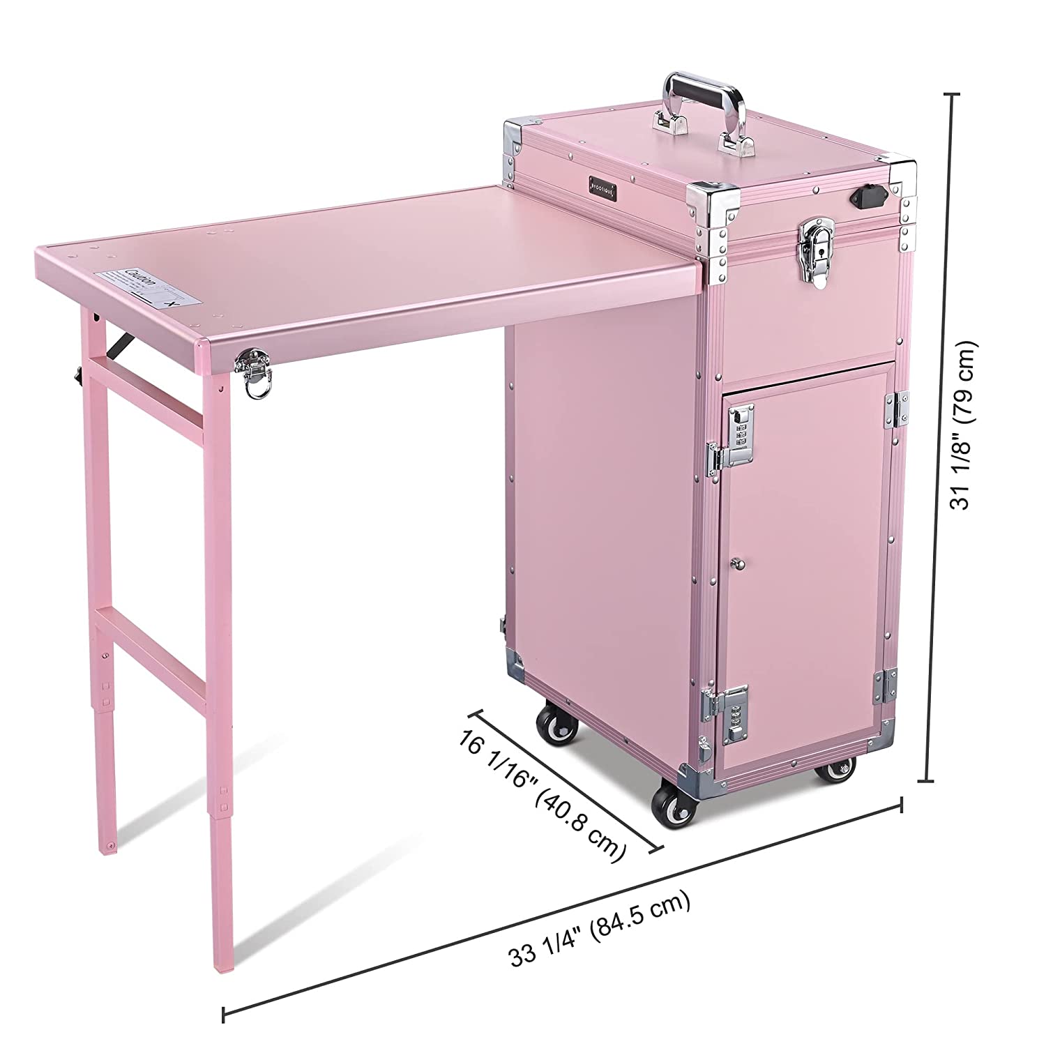 Byootique Portable Makeup Workstation - Pink Rolling Nail Desk with Mirror, 4 Drawers, Bluetooth Speakers, USB Charging, Secure Aluminum Frame
