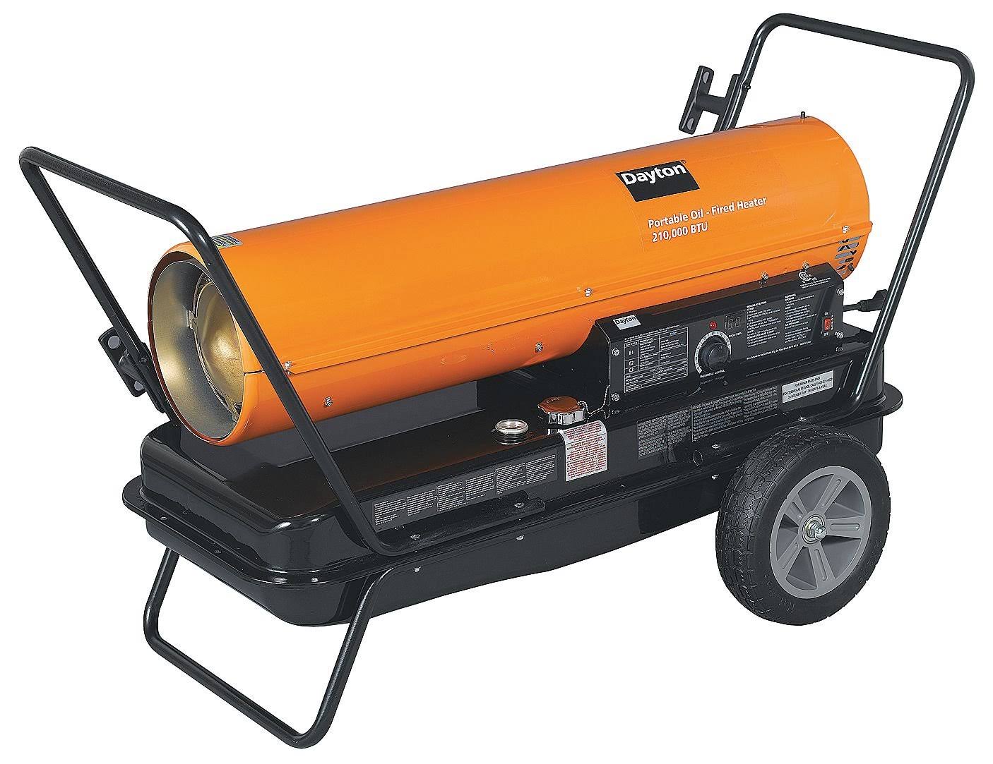 DAYTON 3VE52 Oil-Fired Torpedo Heater, 210,000 BTU, Portable, Heats 5,000 sq ft, Built-in Thermostat & Fuel Gauge
