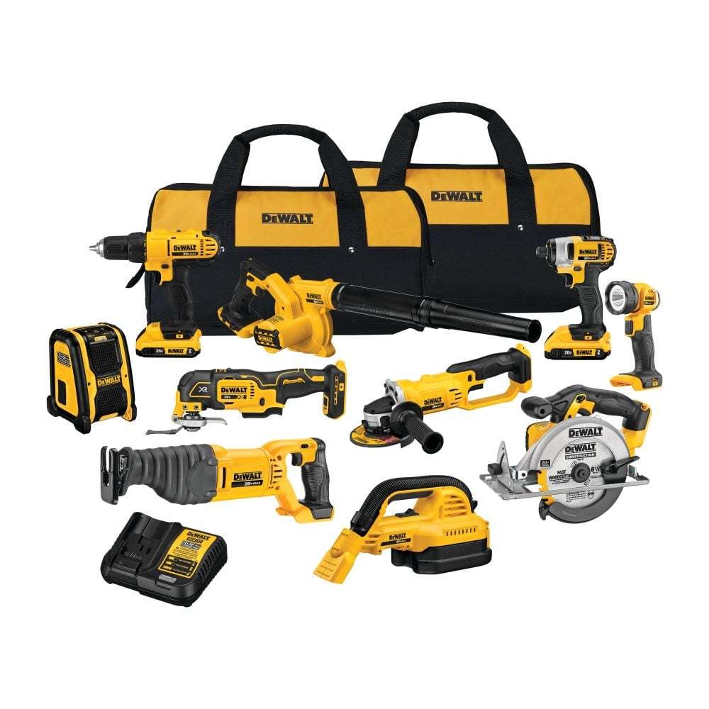 DEWALT 20V MAX 10-Tool Combo Kit with Batteries & Charger - Drill, Impact Driver, Blower, Flashlight, Speaker, Grinder, Saw, Vacuum