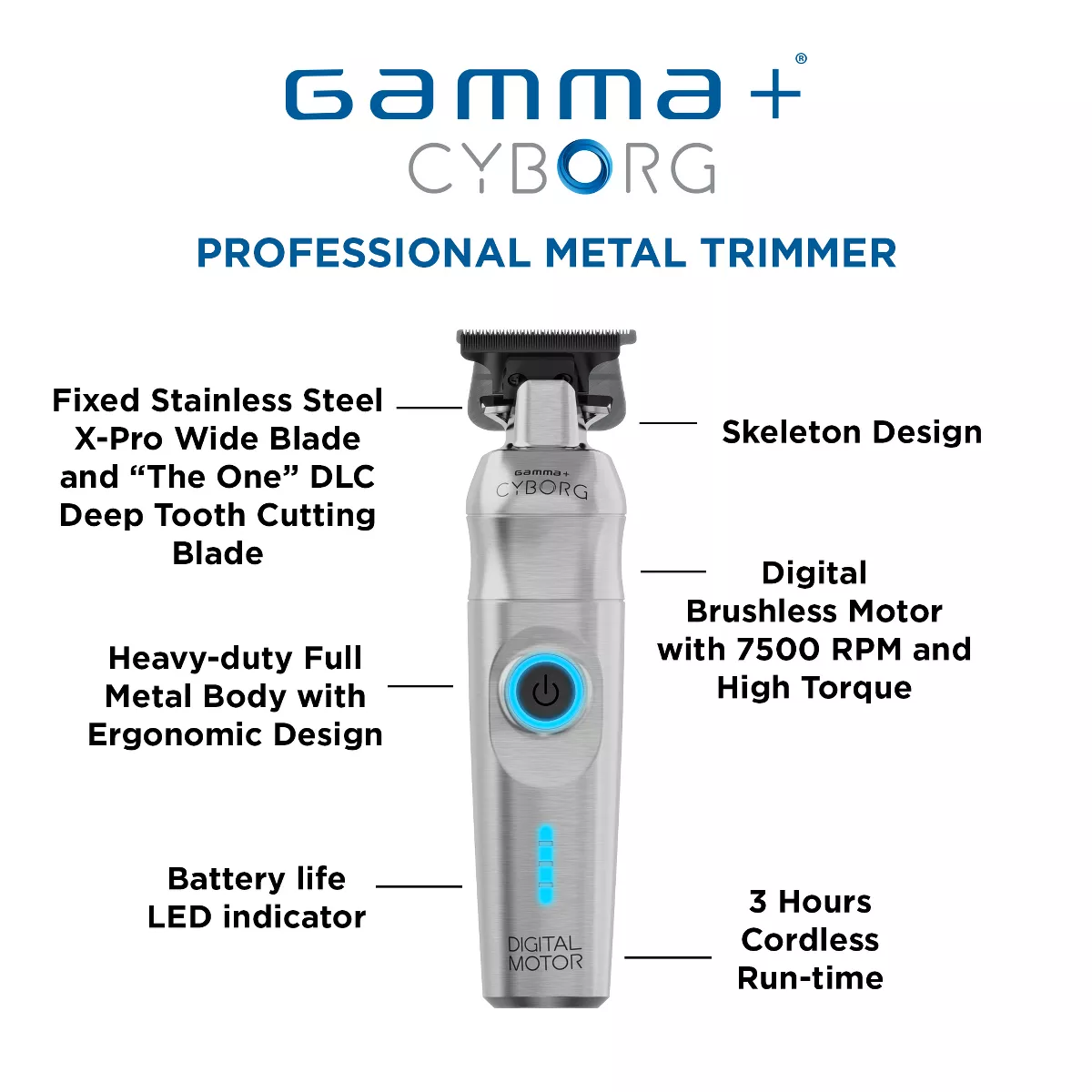 GAMMA+ Cyborg Professional Metal Hair Trimmer, Digital Brushless Motor, Stainless-Steel Blades, Lithium-Ion Battery, Ergonomic Design