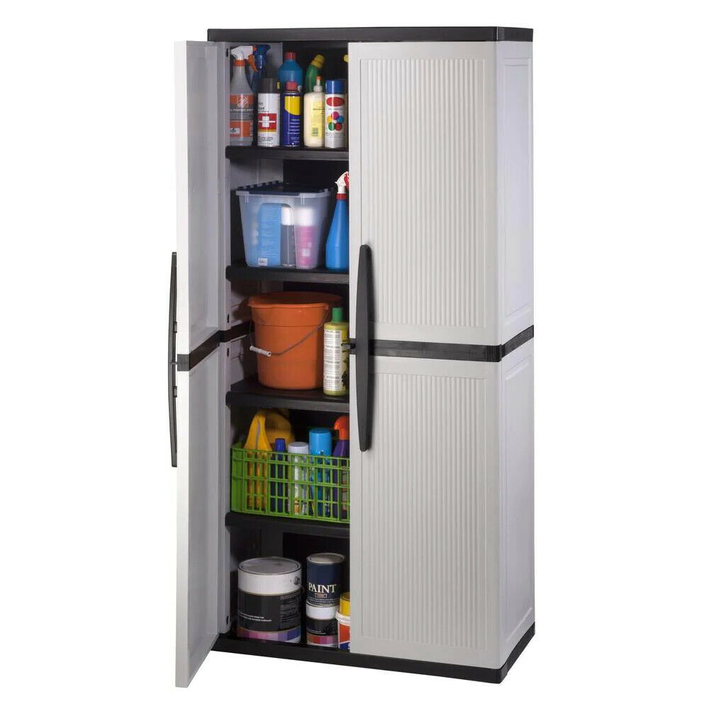 HDX Gray Plastic Freestanding Garage Cabinet with Adjustable Shelves & Lockable Doors, 35"W x 71"H x 18"D