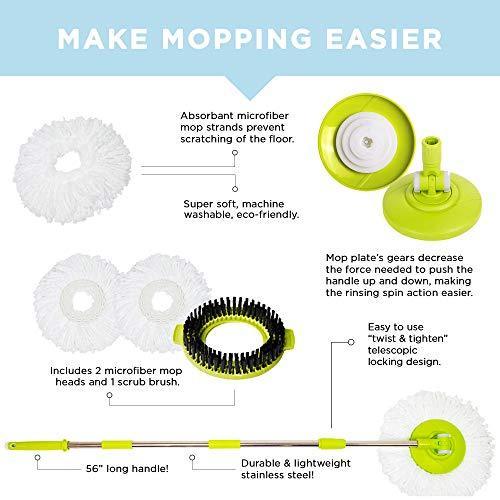 Mopnado Deluxe Stainless Steel Spin Mop System with Wheels, 2 Microfiber Heads & Brush, Lime - All Floor Types