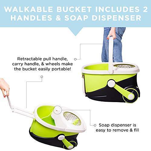 Mopnado Deluxe Stainless Steel Spin Mop System with Wheels, 2 Microfiber Heads & Brush, Lime - All Floor Types