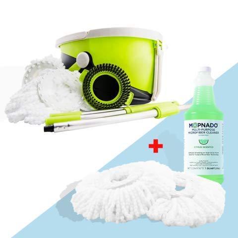 Mopnado Deluxe Stainless Steel Spin Mop System with Wheels, 2 Microfiber Heads & Brush, Lime - All Floor Types
