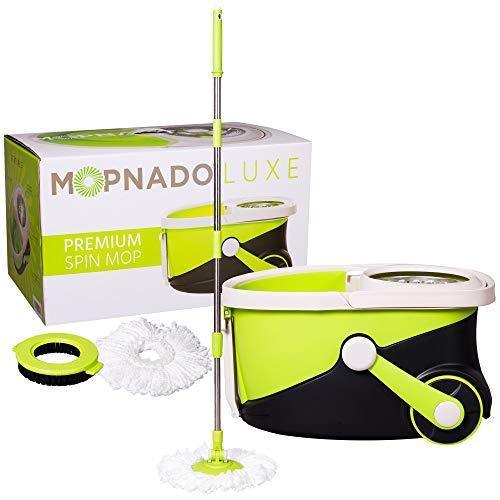 Mopnado Deluxe Stainless Steel Spin Mop System with Wheels, 2 Microfiber Heads & Brush, Lime - All Floor Types