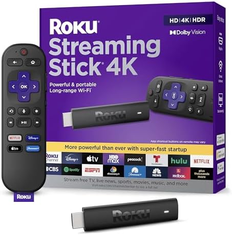 Roku Streaming Stick 4K - Portable 4K/HDR/Dolby Vision Streaming Device with Voice Remote & Long-Range Wi-Fi