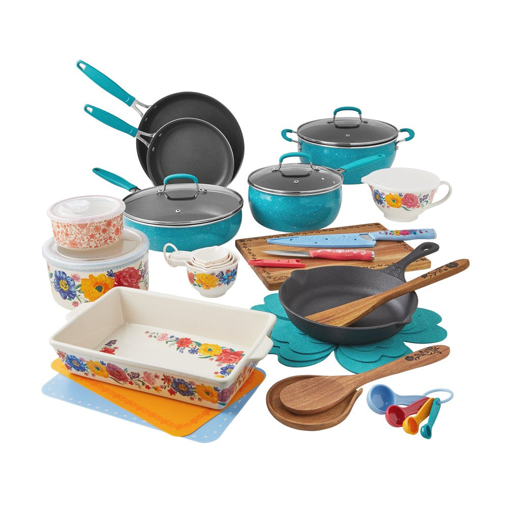 The Pioneer Woman 38-Piece Cookware Set, Teal, Floral Design, Complete Kitchen Solution