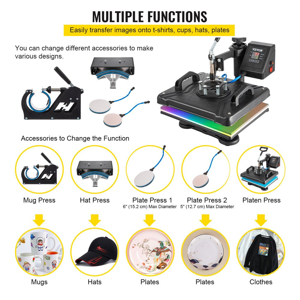 VEVOR 5 in 1 Digital Heat Press Machine for T-Shirts, Hats, Mugs, Plates - 360° Rotation, 1050W, Insulated, Complete Kit