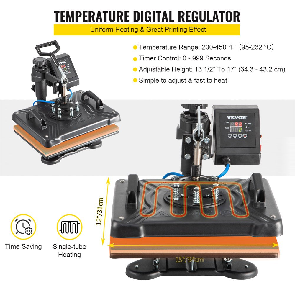 VEVOR 5 in 1 Digital Heat Press Machine for T-Shirts, Hats, Mugs, Plates - 360° Rotation, 1050W, Insulated, Complete Kit