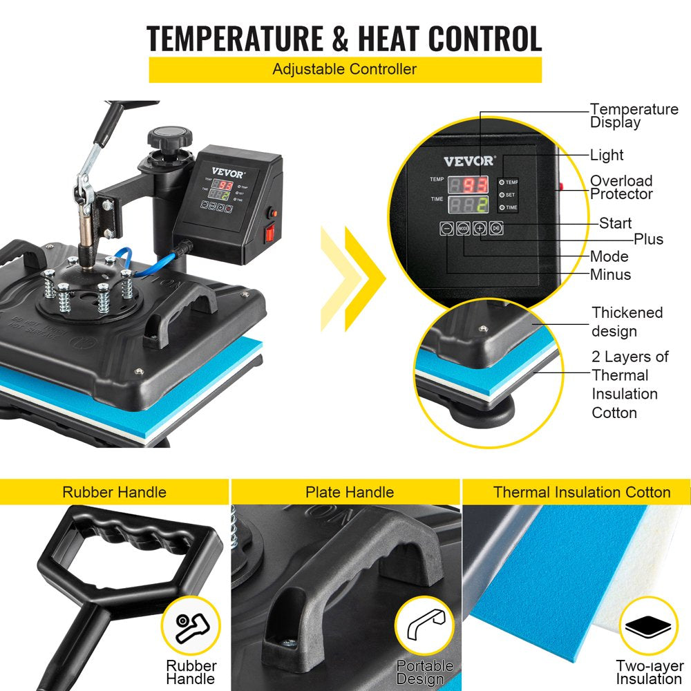 VEVOR 5 in 1 Digital Heat Press Machine for T-Shirts, Hats, Mugs, Plates - 360° Rotation, 1050W, Insulated, Complete Kit