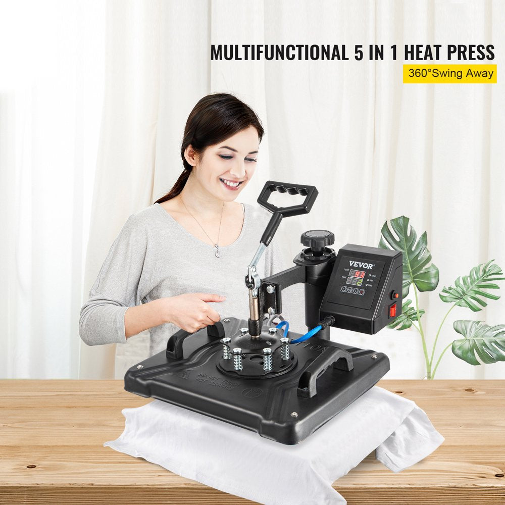 VEVOR 5 in 1 Digital Heat Press Machine for T-Shirts, Hats, Mugs, Plates - 360° Rotation, 1050W, Insulated, Complete Kit