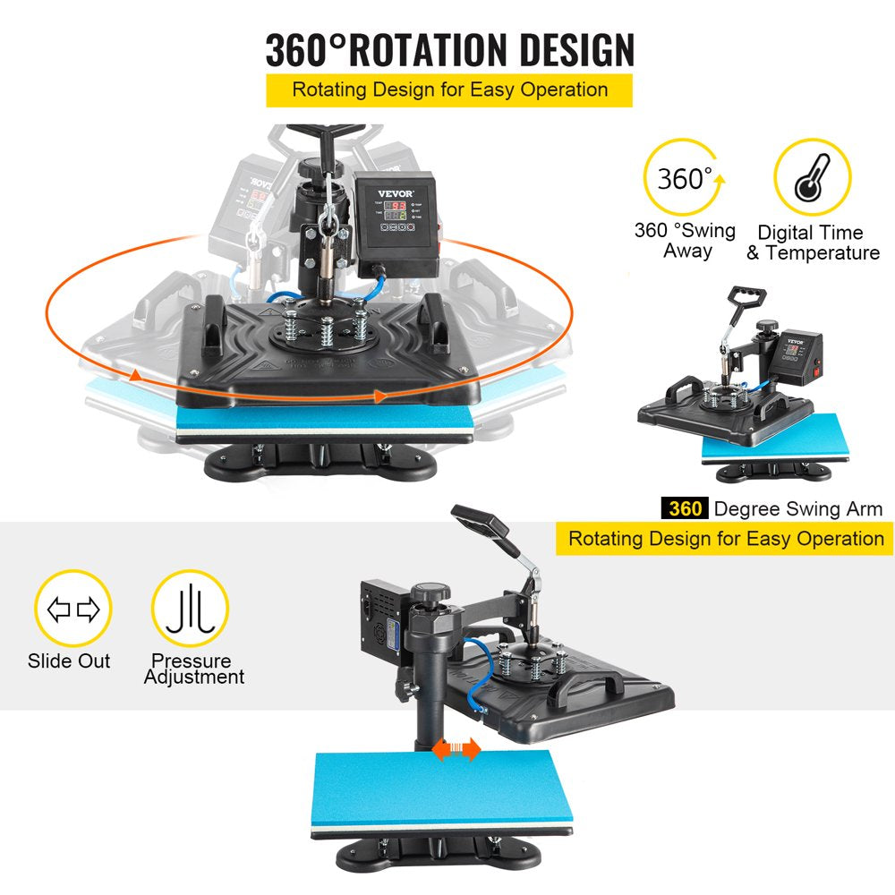 VEVOR 5 in 1 Digital Heat Press Machine for T-Shirts, Hats, Mugs, Plates - 360° Rotation, 1050W, Insulated, Complete Kit