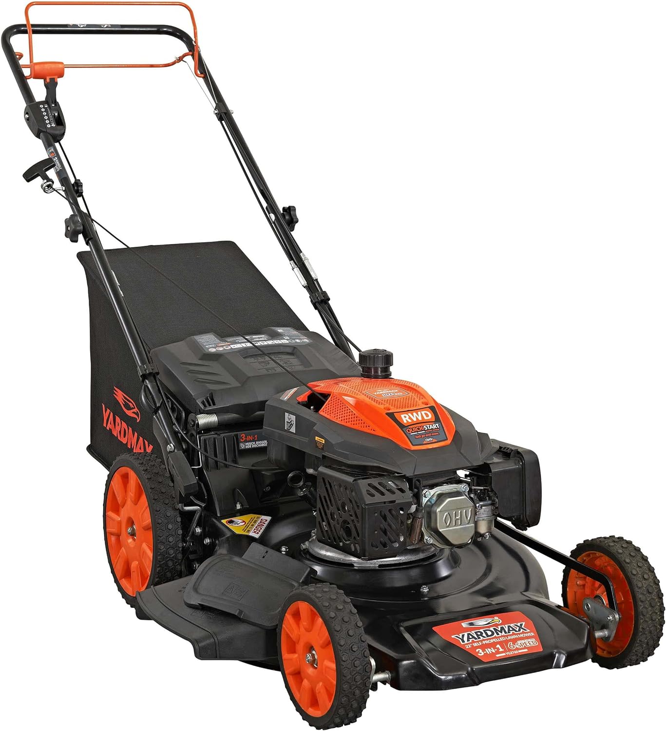 YARDMAX 22" Gas Self-Propelled Lawn Mower, 201cc, 6-Speed CVT, High Wheel RWD, 3-in-1, Black
